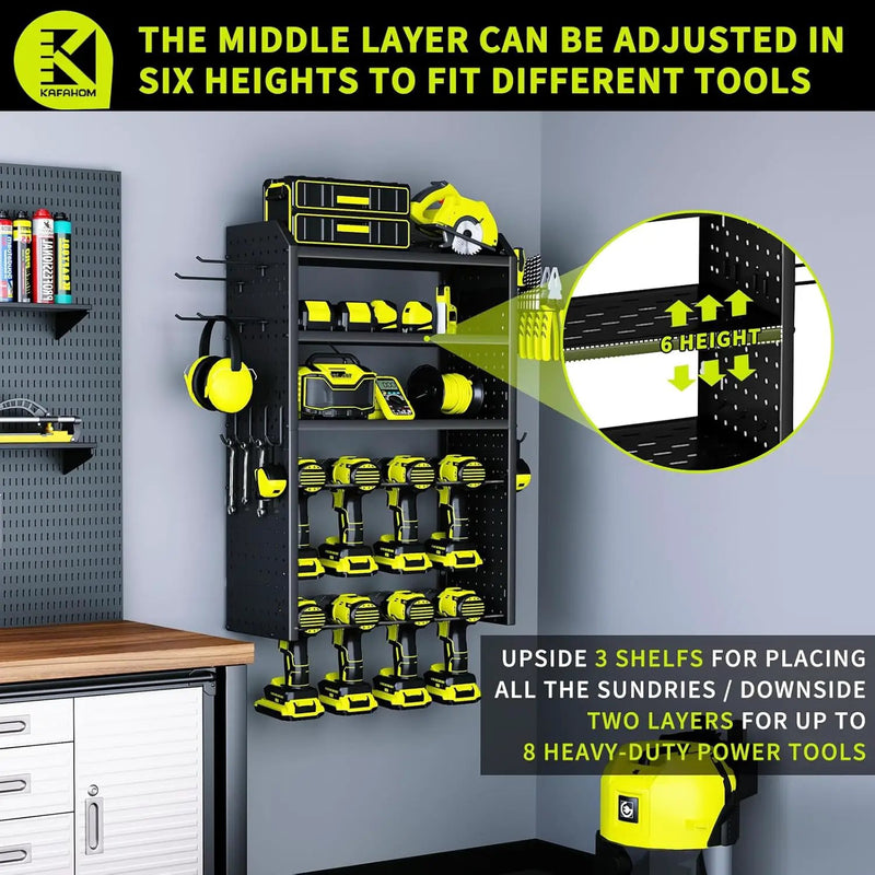 KAFAHOM Power Tool Organizer,Large 8 Drill Holder Wall Mount with 2 Side Pegboards,5 Layer Metal Tool Storage Rack with 12 Hooks,Tool Shelf for Garage Organization,Utility Battery Shelves - Black by GreenHaven Gardens