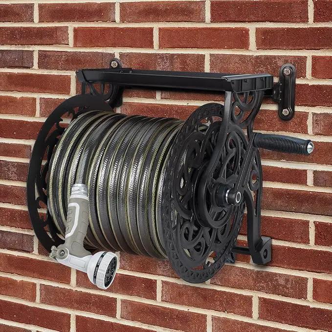 Metal Decorative Garden Hose Reel, Heavy Duty Hose Holder for Outside, Aluminum Frame, No-Leak Aluminum Water System, Easy Assmbly, Wall Mount, Holds 135 ft x 5/8" Hose Storage, Dark Bronze by GreenHaven Gardens