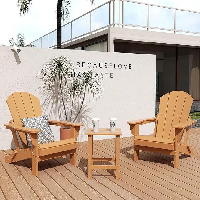 WO Home Furniture Adirondack Chair Table Set of 2 PCS Outdoor Folding Chair w Side Table Weather/UV Resistant for Lawn, Garden, Bon Fire, Balcony (Teak) by GreenHaven Gardens