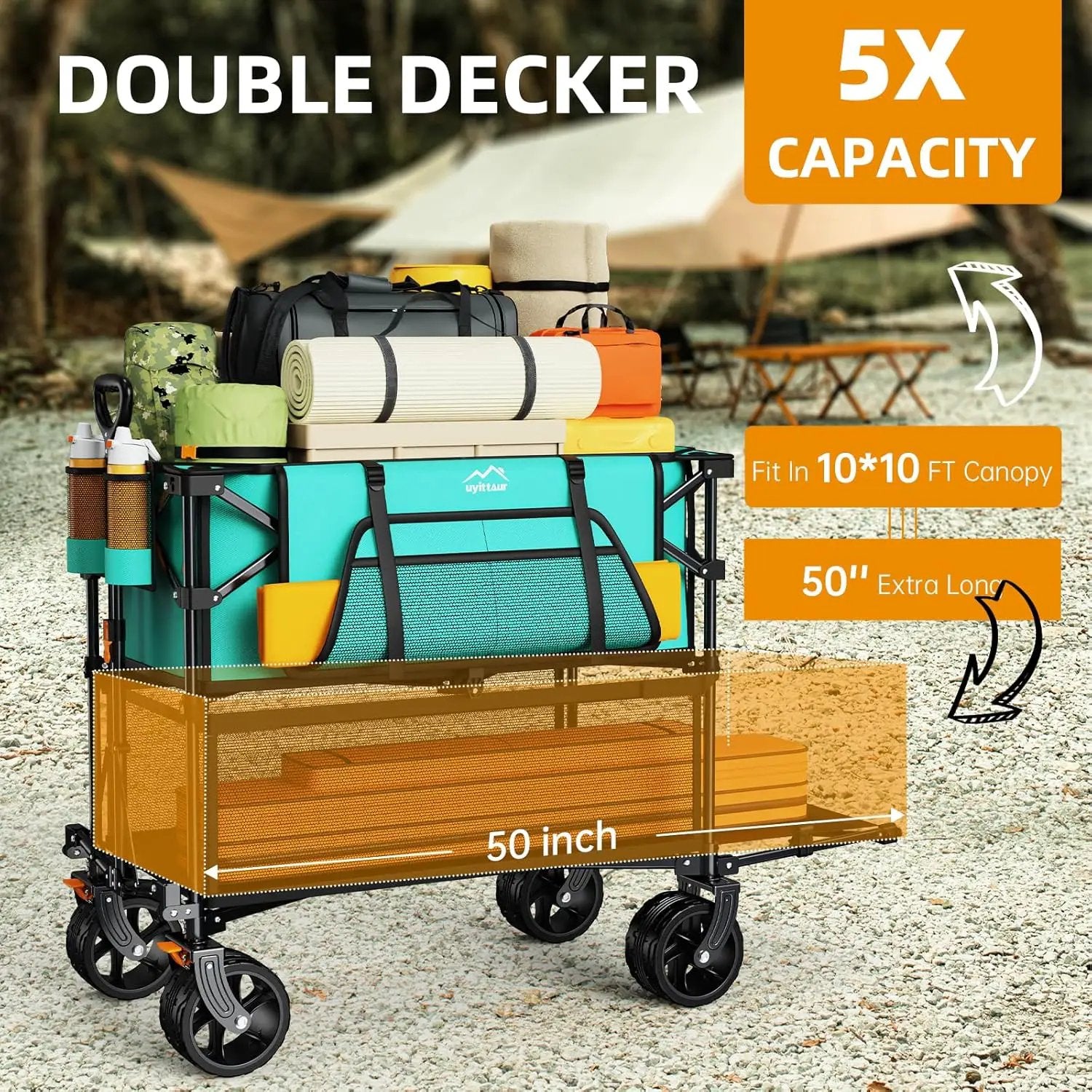 Foldable 50''L Extra Long Double Decker Wagon for Sport, 400L Collapsible Heavy Duty Wagon Cart with Big Wheels, Utility All-Terrain Large Extender Cart for Outdoors, Light Blue by GreenHaven Gardens
