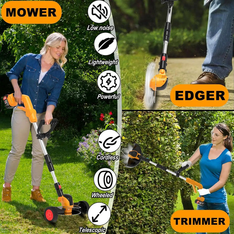 Electric Weed Wacker Cordless Battery Powered Eater,21V/4.0Ah Lightweight No-String Weed Trimmer with 2 Battery Operated& Wheels,3 in 1 Stringless Grass Trimmer/Edger/Brush Cutter for Garden Yard Lawn by GreenHaven Gardens