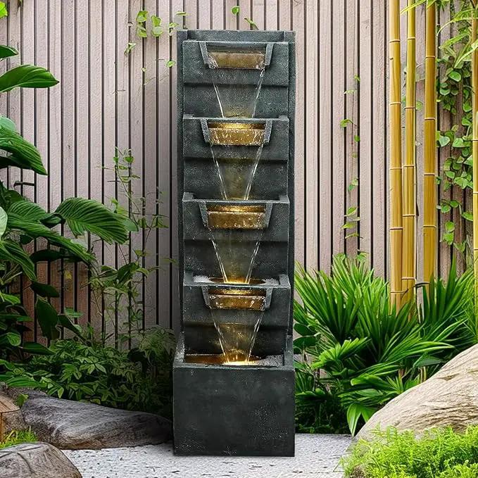 SunJet 4-Tiers Modern Cascading Indoor/Outdoor Fountains and Waterfalls with LED Lights - 39.3" High Large Water Fountain for Garden, Patio, Yard, and Deck Decor - Relaxing Water Fountain Outdoor by GreenHaven Gardens