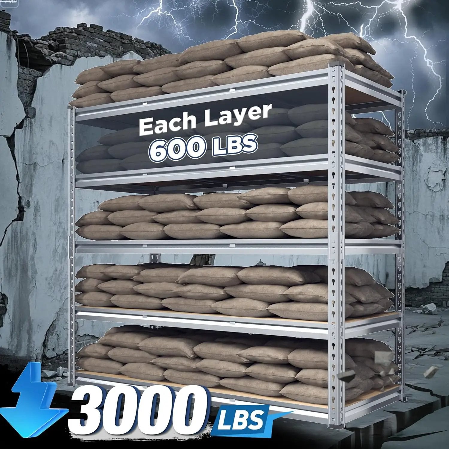 REIBII Garage Shelving, 5 Tier Storage Shelves Load 3000LBS, Adjustable Garage Shelving Heavy Duty, Metal Shelves Unit for Basement, Warehouse, 48" W x 72" H x 18" D, Galvanized by GreenHaven Gardens