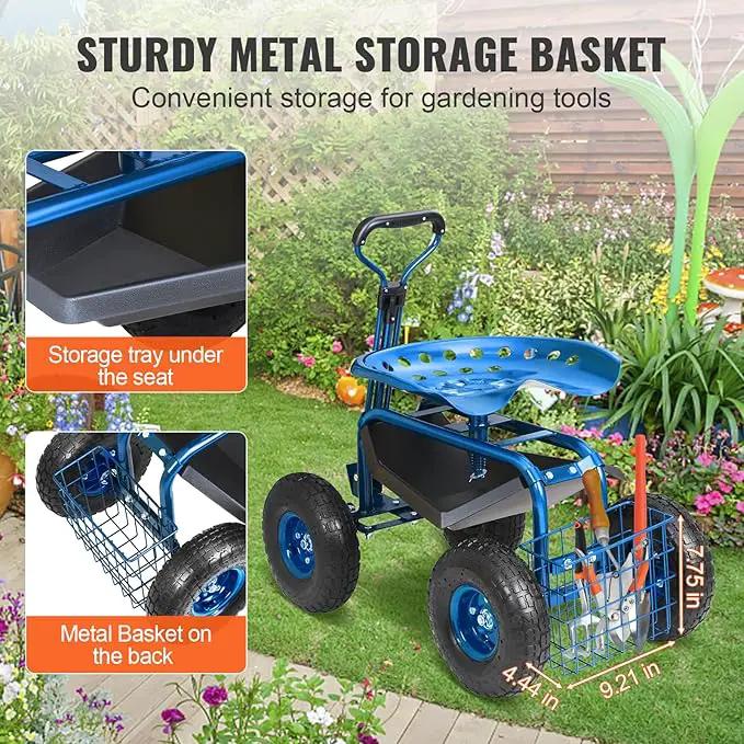 VEVOR Rolling Garden Work Seat with Wheels, Gardening Stool for Planting, 360 Degree Swivel Seat, Garden Scooter with Steering Handle & Tool Tray, Garden Chair for Outdoor, Patio and Yard, Blue by GreenHaven Gardens