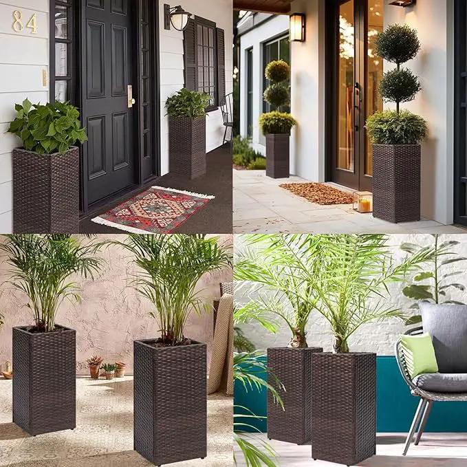 LEWIS&WAYNE Set of 2 Tall Planters for Outdoor Plants Handmade 24'' Wicker Tall Square Planter Box with Removable Liners Modern Planter for Indoor Outdoor Garden Patio Front Porch - Brown by GreenHaven Gardens