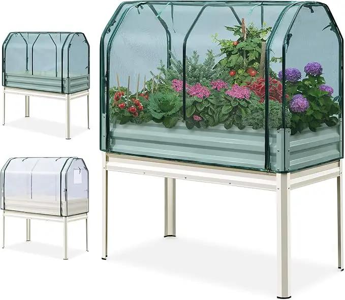 KING BIRD Raised Garden Bed with Cover & Netting Galvanized Elevated Large Planter Box with Legs 48×24×56 in for Backyard, Patio, Balcony, 400lb Capacity, Beige by GreenHaven Gardens