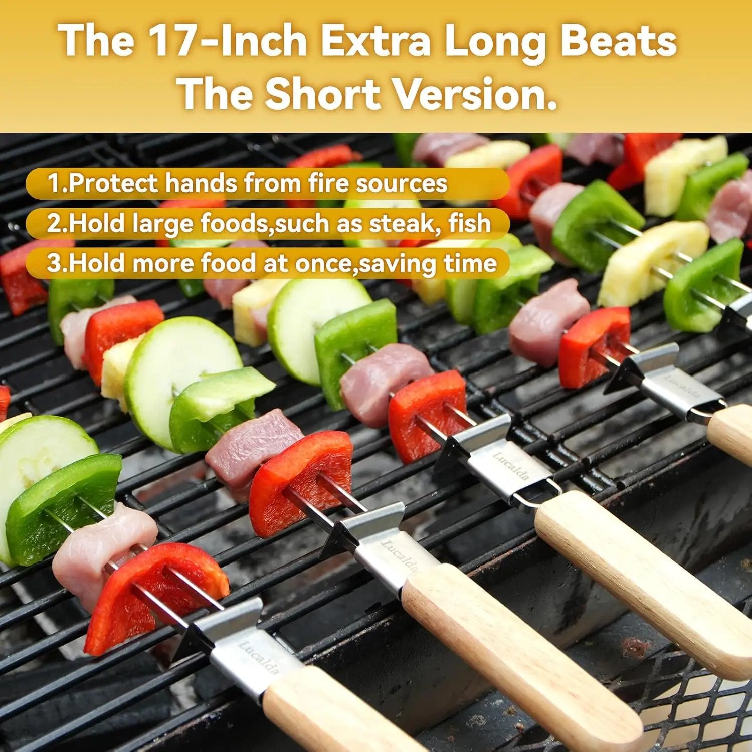 Skewers for Grilling, 17" (10 Pcs) Wooden Handle Double Pronged Stainless Steel Flat Kabob Skewers with Push Bar, Reusable Long Metal Skewer Sticks for Meat Chicken Vegetable, BBQ Accessories by GreenHaven Gardens