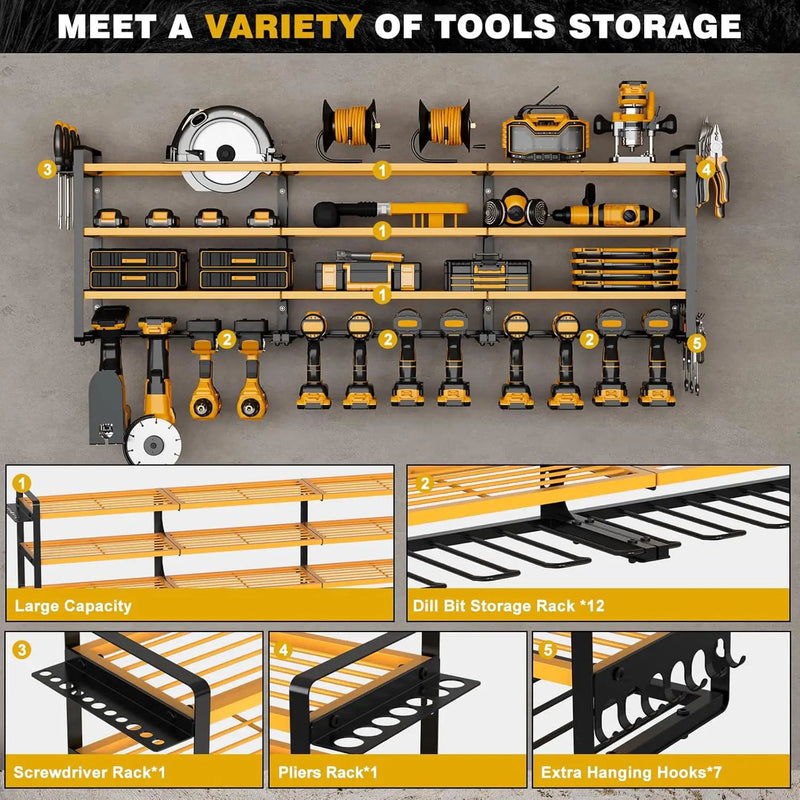 48" Large Power Tools Organizer Wall Mount,12 Drill Holder for Garage, Workshop Heavy Duty Storage Rack (Yellow) by GreenHaven Gardens
