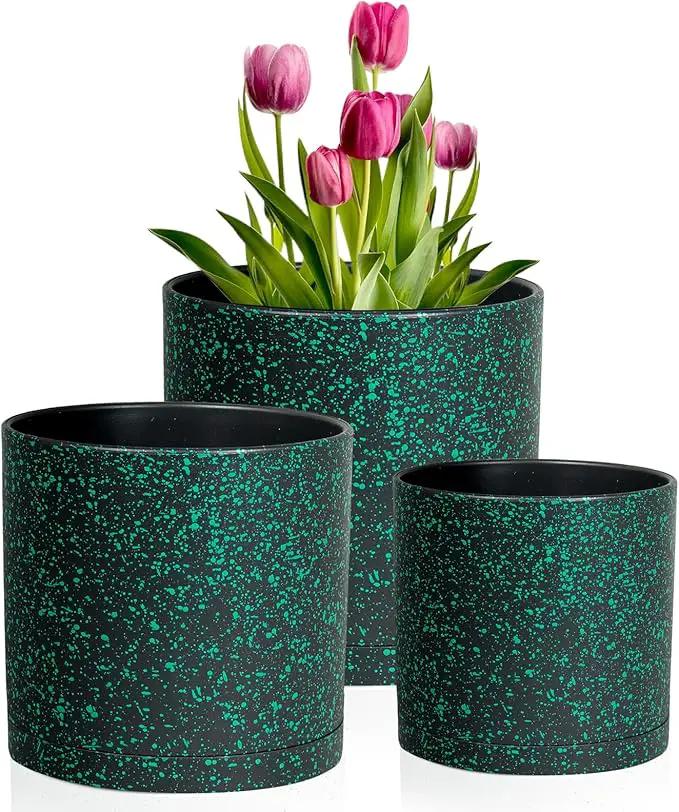 8/7/6 inch Plant Pots, 3 Pack Cylindrical Flower Pots for Outdoor Indoor Plants, Decorative Plastic Planters with Drainage Holes and Saucers for Garden House Plants, Black with Green Speckles by GreenHaven Gardens