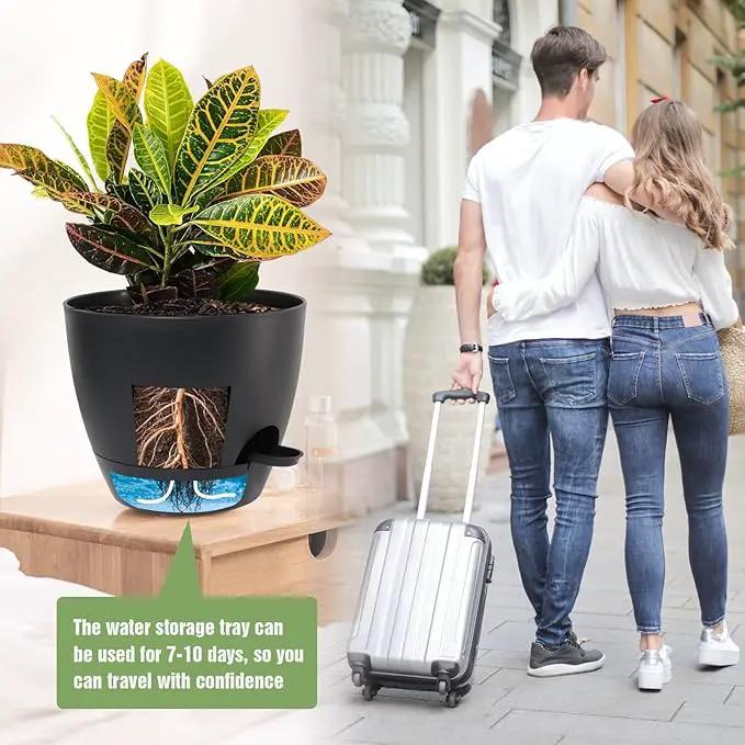 Large Self Watering Pots, 12/10/9 Plastic Planters with High Drainage Holes and Deep Reservoir for Indoor Outdoor Garden Plants and Flowers, Black by GreenHaven Gardens