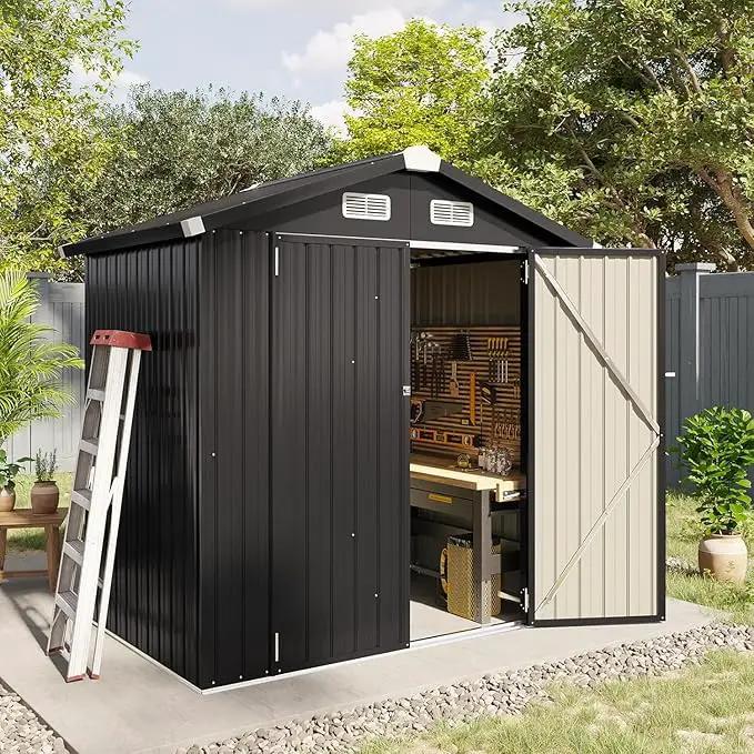 Aoxun 6.2x4 FT Shed Outdoor Galvanized Storage Shed with Large Lockable Doors for Lawn, Backyard, Patio (Black) by GreenHaven Gardens