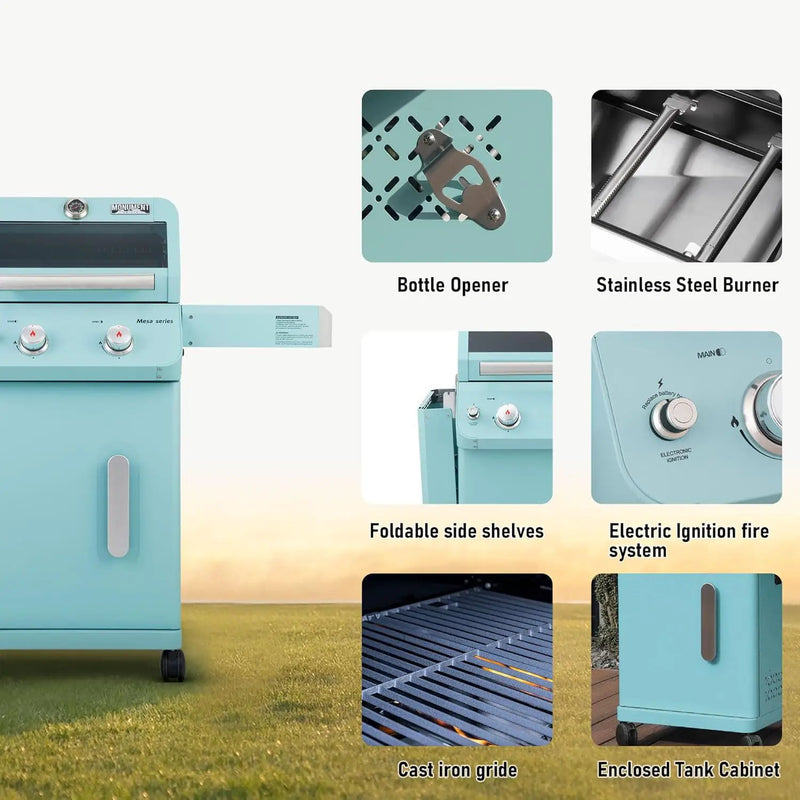 Monument Grills 2-Burner Stainless Steel Liquid Propane Gas Patio Garden Barbecue Grill with Clearview® Lid, Knob Control and Two Foldable Shelves Mesa200G, Green by GreenHaven Gardens