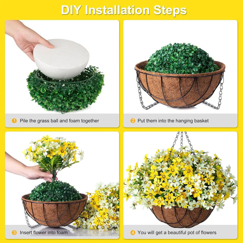 Artificial Silk Flowers Hanging Baskets Outdoors,Chrysanthemum with Eucalyptus Leaves Arrangement for Garden Yard Decor,Faux Plant in Metal Coconut Lining Flowerpot(Yellow) by GreenHaven Gardens
