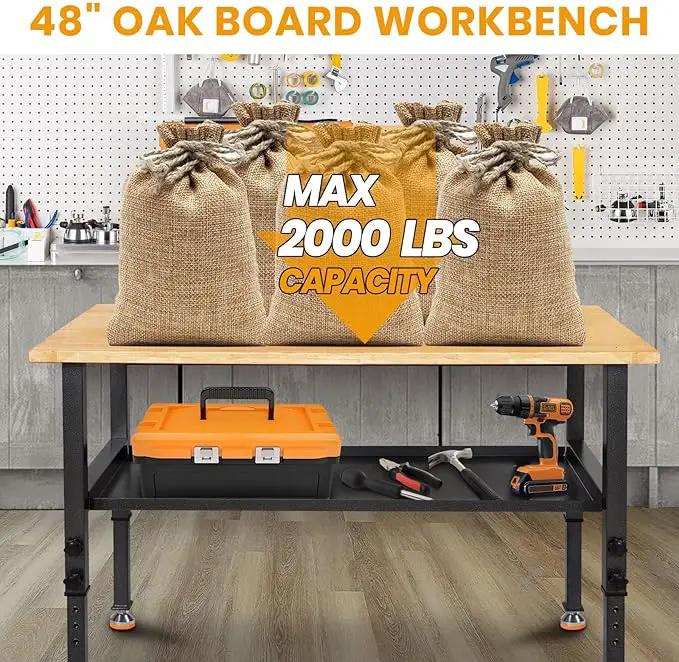 48"/60'' Adjustable Workbench, Rubber Wood Work Bench Heavy-Duty with Partition,2000 LBS Load Capacity Hardwood Work Table for Garage, Workshop, Home, Office, Easy Assembly (w/partition,48'') by GreenHaven Gardens