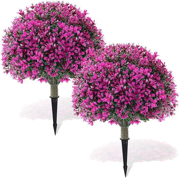 Yunlly 2 Pack 18" Artificial Boxwood Ball Bush Topiary Trees Fake Outdoor Plants, Realistic UV Resistance Faux Shrubs with Spike Greenery Topiary for Front Porch Garden Yard Patio Indoor (Fuchsia) by GreenHaven Gardens
