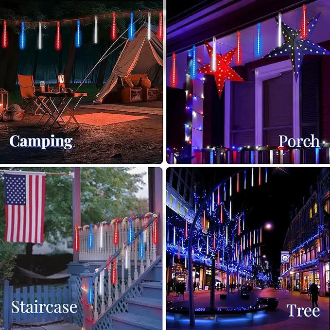 4th of July Decorations Outdoor, Red White and Blue Solar Meteor Shower Lights, 18 Tubes 432 LEDs 4th of July Lights Waterproof, Patriotic Lights String for Independence National Memorial Day Decor by GreenHaven Gardens