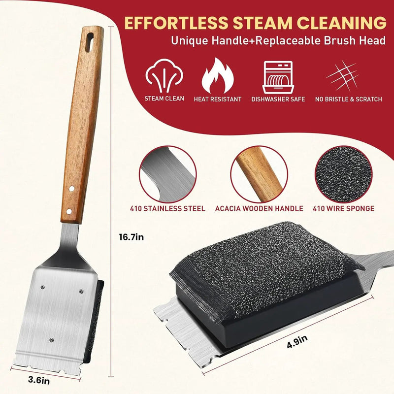 Grill Brush BBQ Cleaner Brush - Barbecue Brush for Outdoor Grill with 1 PCS Replacement Cleaning Head, Grill Cleaning Brush Bristle Free with Stainless Steel Scraper & Wooden Handle for Most Grate by GreenHaven Gardens