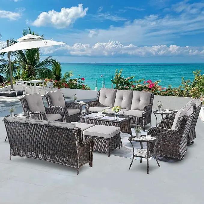 Wicker Patio Furniture Sets - 13 Piece Outdoor Rattan Furniture Conversation Sets with 4 Swivel Rocker Chairs, 2 Rattan Sofas, Wicker Ottomans and Coffee Table, Brown/Grey by GreenHaven Gardens