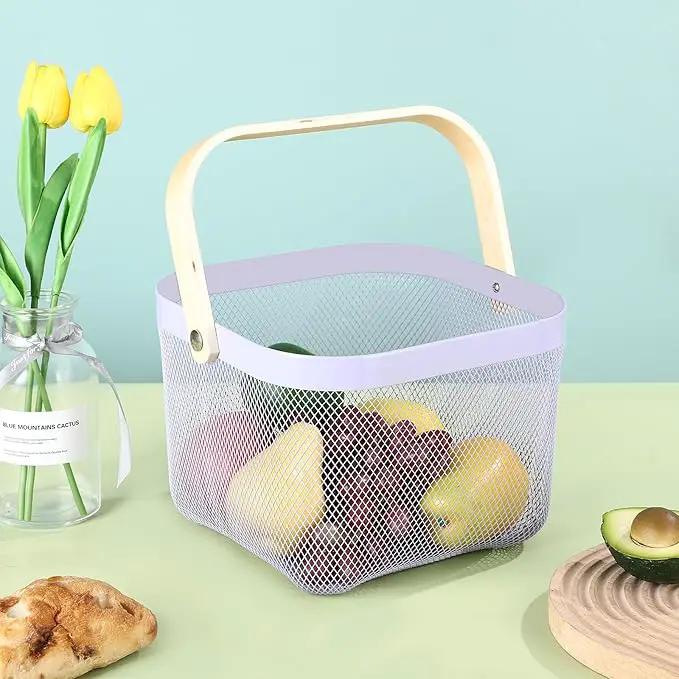 Metal Mesh Steel Basket, Storage Organizer Basket Multi-functional Hanging Kitchen Baskets Fruit Basket Bin with Bamboo Handle for Kitchen Bathroom Picnic Shopping Decor Cabinet Home, Purple by GreenHaven Gardens