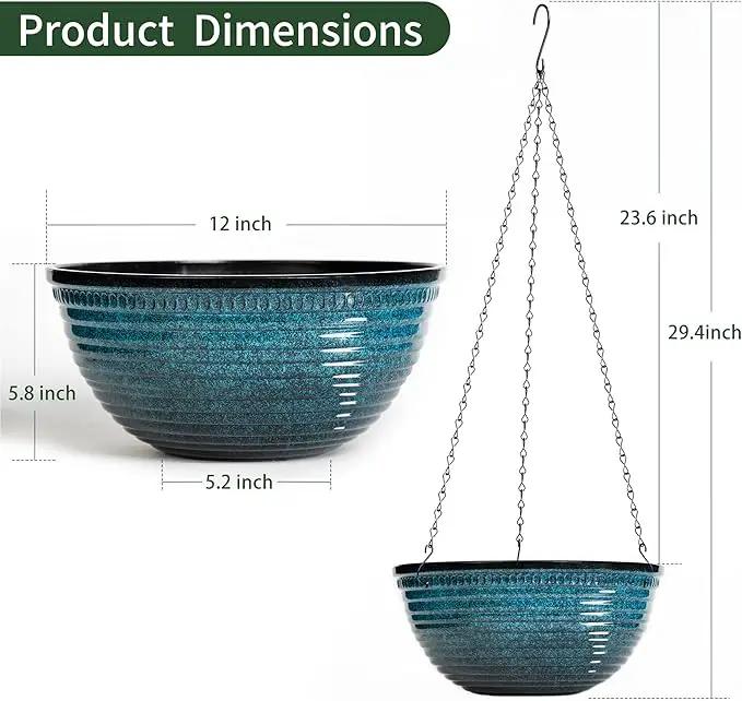 12 inch Hanging Planters for Indoor Outdoor Plants, 2 Pack Large Hanging Flower Pots with Drainage Holes and Chain, Glazed Hanging Baskets for Home Garden Decoration, Blue by GreenHaven Gardens
