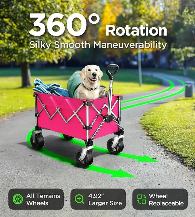 Beach Wagon,Collapsible-Wagon 220lbs with Big Wheels FoldableWagon Carts,Portable Utility for Garden Grocery Sports Camping All Terrain-Pink by GreenHaven Gardens