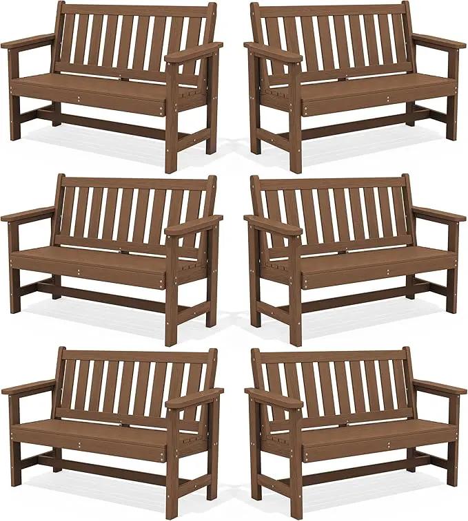 SERWALL Outdoor Bench, HDPE Outdoor Benches Weatherproof, 2-Person Garden Bench with 660 lbs Weight Capacity, Patio Benches for Outdoors, Garden, Porch, Backyard and Park, Brown, 6 Pack by GreenHaven Gardens