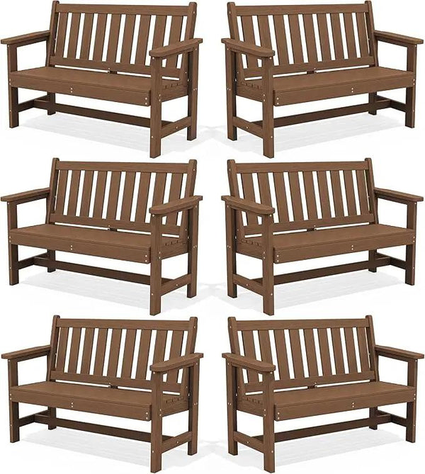 SERWALL Outdoor Bench, HDPE Outdoor Benches Weatherproof, 2-Person Garden Bench with 660 lbs Weight Capacity, Patio Benches for Outdoors, Garden, Porch, Backyard and Park, Brown, 6 Pack