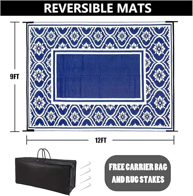 RV Outdoor Rug Waterproof Mat 9'x12' Camping Carpet Outside Area Rugs Reversible Light Blue Rugs for Deck Entryance Porch Picnic Balcony Beach by GreenHaven Gardens