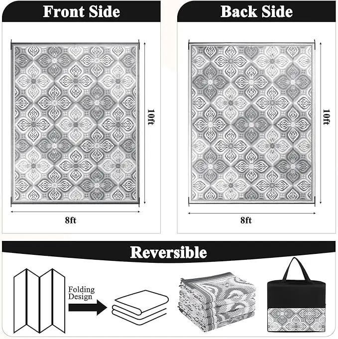 Pauwer Waterproof Outdoor Rug 8x10, Reversible Plastic Straw Patio Camping Rug, Indoor Outdoor RV Mat Carpet for Deck, Camper, Porch, Balcony, Backyard, Picnic, Clover Grey by GreenHaven Gardens