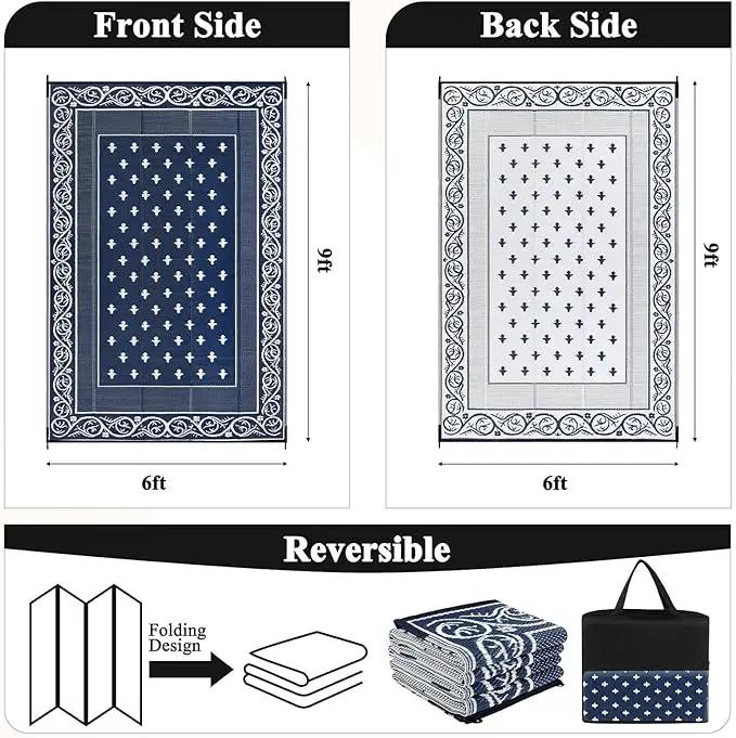 Pauwer Waterproof Outdoor Rug 6x9, Reversible Plastic Straw Patio Camping Rug, Indoor Outdoor RV Mat Carpet for Deck, Camper, Porch, Balcony, Backyard, Picnic, Bordered Navy by GreenHaven Gardens