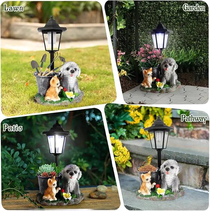 Garden Dog Statue,Resin Teddy & Cat Figurine with Solar LED Light,Flower Pots Planters Pots for Succulent,Outdoor Sculpture for Patio Balcony Yard Lawn Decor,Unique Gift for Dad Mom Grandma by GreenHaven Gardens