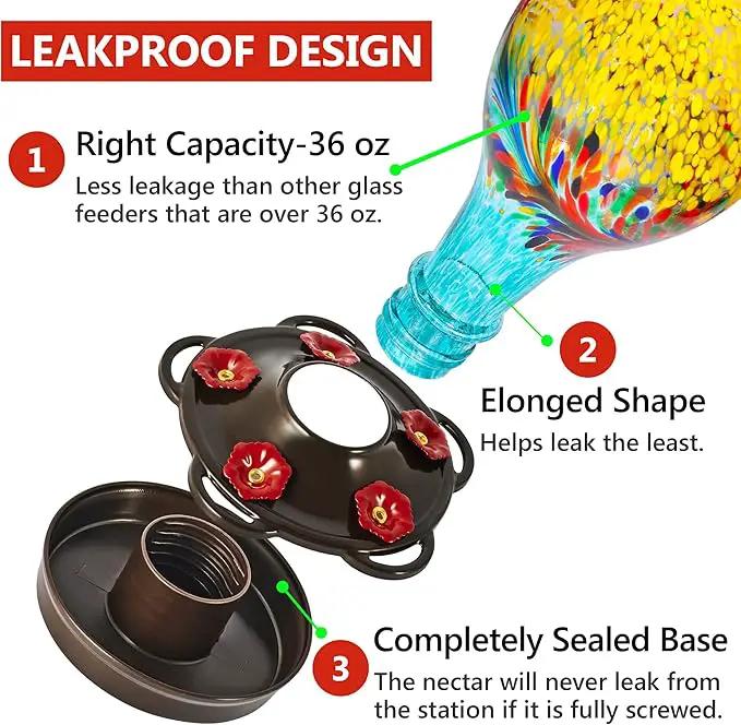 LUJII Hand Blown Glass Hummingbird Feeder for Outdoors with Ant Moat, Leak Proof & Rustproof,36 fl.oz, Metal Base Cover with 5 Feeding Ports & 5 Perches, Glass Art for Garden Decor (Blue Mixed Yellow) by GreenHaven Gardens