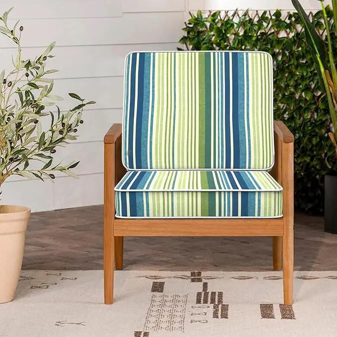 LVTXIII Patio Chair Cushions 22"x22"x3", Water-Repellent Outdoor Seat Cushions for Patio Furniture, Square Chair Pads with Ties for Home Garden Decoration, Set of 2, Stripe Blue Green by GreenHaven Gardens