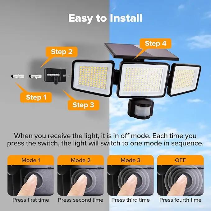 UME Solar Outdoor Lights 302 LED 3000LM, IP65 Waterproof Motion Sensor Outdoor Lights, 3 Heads Solar Security Flood Lights 270 Wide Lighting Angle with 3 Modes for Garden Patio Yard - 6 Pack by GreenHaven Gardens
