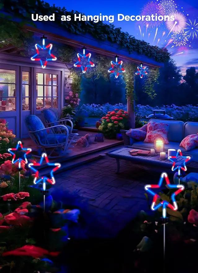 4th of July Decorations Outdoor Red White and Blue Lights, 4 Big Neon Star Pathway Lights Plug in for Independence Day Memorial Day Patriotic Decor Outside Garden Yard Lawn by GreenHaven Gardens