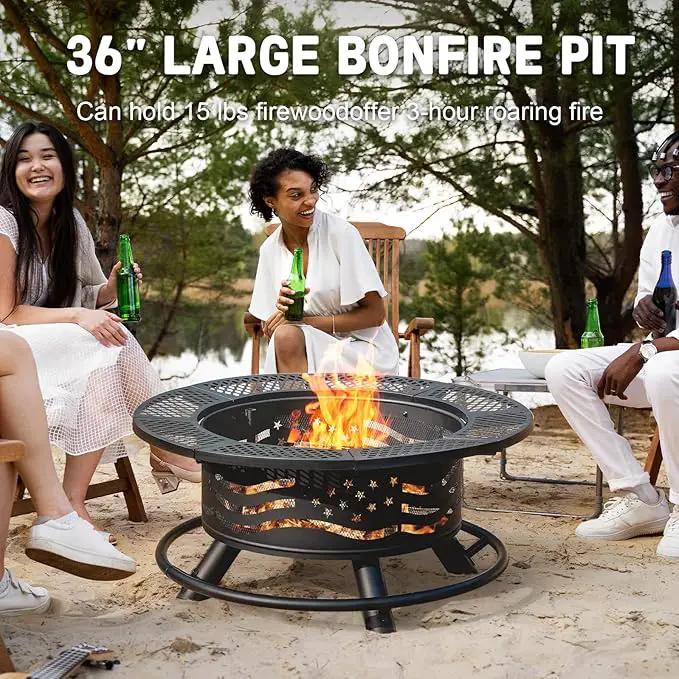 36 Inch Fire Pit with 2 Cooking Grates, Outdoor Wood Burning BBQ Grill Firepit Bowl with Cover Lid, Steel Round Table for Backyard Bonfire Patio Picnic (Black, 36IN) by GreenHaven Gardens