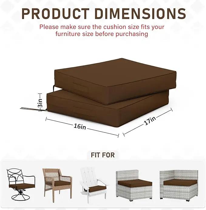 Patio Chair Cushions 17 X 16 X 3 Inch Waterproof Outdoor Seat Cushions for Patio Furniture, Outdoor Sofa Couch Pads with Ties & Handle, Set of 2, Chocolate by GreenHaven Gardens