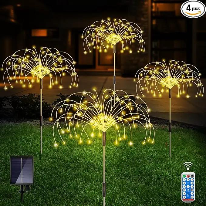 Solar Outdoor Warm White Garden Lights, 4 Pack Firework With 120 LED Starburst String 8 Modes Fairy With Remote, for Wedding Christmas, Lawn Backyard Party Patio Decoration by GreenHaven Gardens
