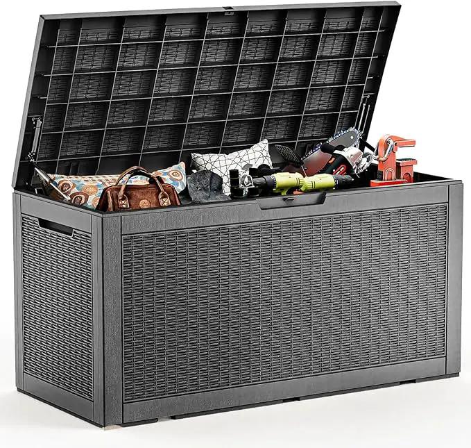 102 Gallon Outdoor Storage Box Waterproof, UV Resistant Resin Deck Box with Hydraulic Rod, Lockable Design and Enhanced Durability for Patio, Garden, and Poolside Use by GreenHaven Gardens