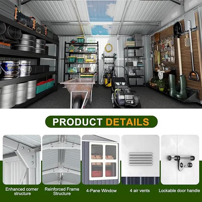 12x10 FT Metal Sheds & Outdoor Storage: Heavy Duty Garden Sheds with Dual Transparent Panels, 2x4-Pane Windows & Hinged Double Doors, Weatherproof Tool Shed for Backyard, Garden, Patio, Grey/White by GreenHaven Gardens
