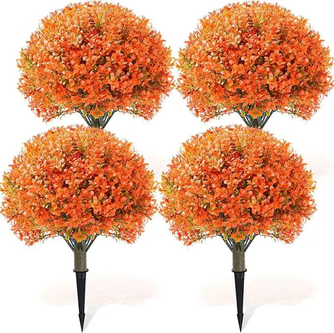Yunlly 4 Pack 18" Artificial Boxwood Ball Bush Topiary Trees Fake Outdoor Plants, Realistic UV Resistance Faux Shrubs with Spike Greenery Topiary for Front Porch Garden Yard Patio Indoor (Orange) by GreenHaven Gardens