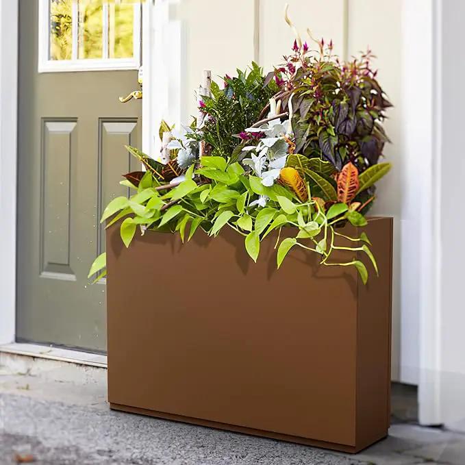 FENCY Metal Rectangular Planter Box for Outdoor - Large Planters with Drainage Holes (35.4" L x 9" W x 25.6" H, Brown) by GreenHaven Gardens