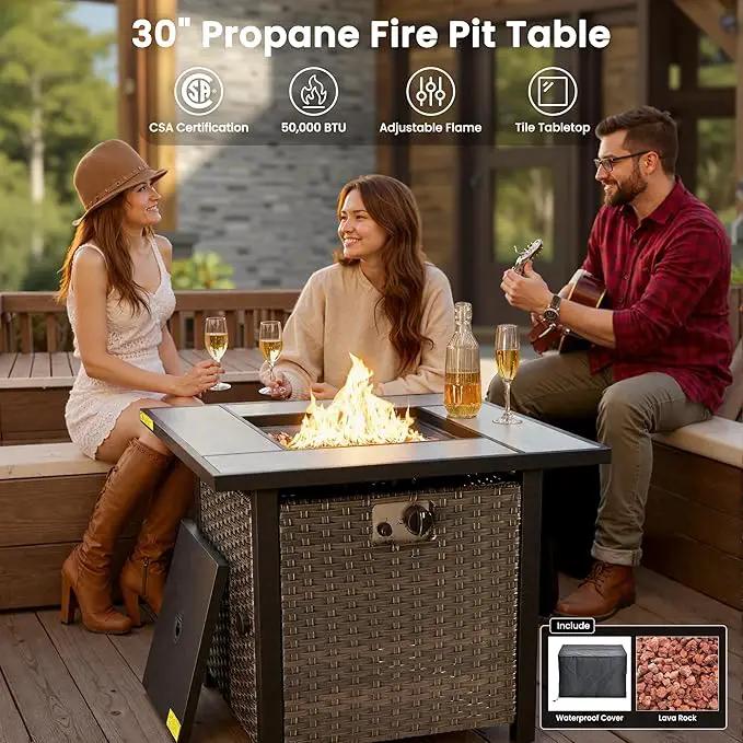 ovios 6 Pieces Patio Furniture Set with 30" Fire Pit Table, Outdoor Wicker Sofa with Ottomans, Comfy Cushions, High Back Couch Conversation Set, Brown Rattan, Beige by GreenHaven Gardens