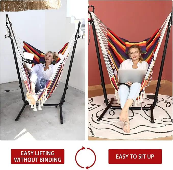 ZEYU Hammock Chair with Stand Double Hammock Chair Bohemian Style with Tassel Mobile Phone Support Manual Adjustable Swing Indoor and Outdoor Garden Porch with Floor mat Reclining Capacity 400 pounds by GreenHaven Gardens