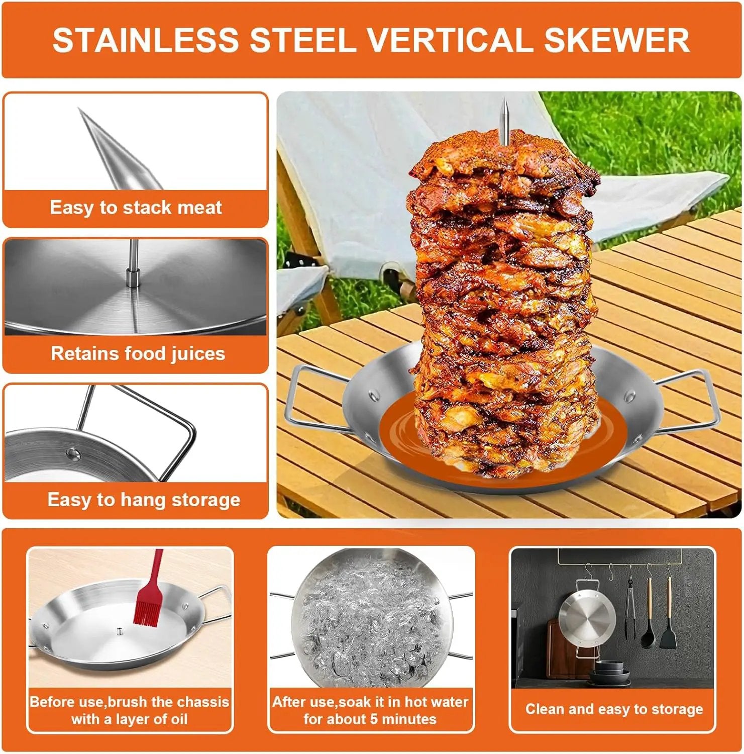 Al Pastor Skewer for Grill, Stainless Steel Vertical Skewer, Brazilian Vertical Spit with 3 Spikes(8”/10"/12”)& Brushes, for Tacos Al Pastor, Shawarma Kebabs Smoker Oven BBQ Dishes by GreenHaven Gardens