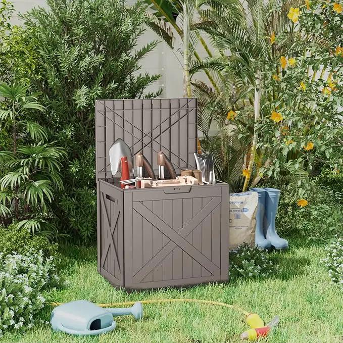 32 Gallon Resin Deck Box, Lockable Outdoor Storage Box for Patio Cushions Storage Furniture,Garden Tools, Pool Supplies, Weatherproof and UV Resistant (Grey X) by GreenHaven Gardens
