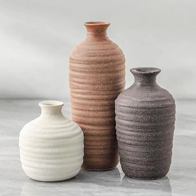 Ceramic Vase Set of 3 Neutral Decorative Vase for Farmhouse, Boho, or Rustic Home Decor Pottery Vases for Pampas Grass Living Room Bedroom Table Mantel Entryway Shelf (01-Brown) by GreenHaven Gardens