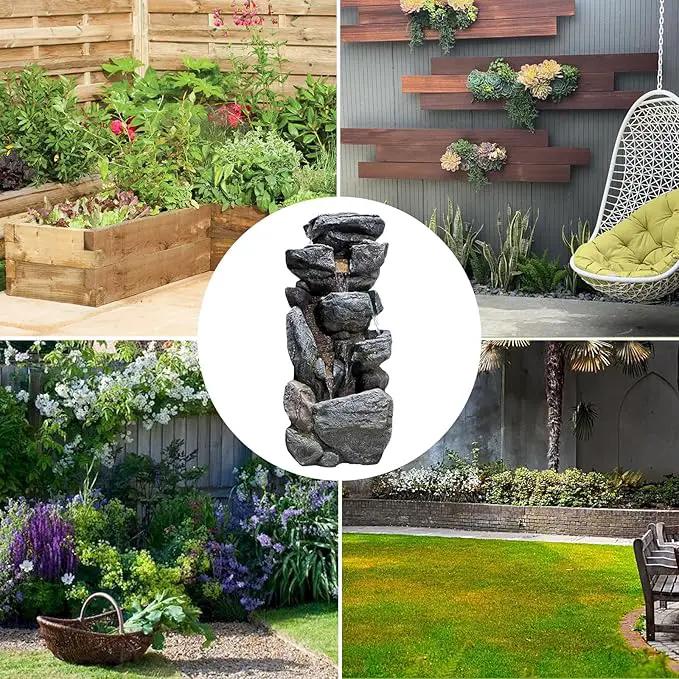 Water Features Outdoor Patio 6-Tier Cascading Rock Water Fountain 31.5''Water Fall Fountain Outside Resin Fountain with Light Mossy Rock Floor Garden Fountain Indoor for Relaxation Home Decor by GreenHaven Gardens