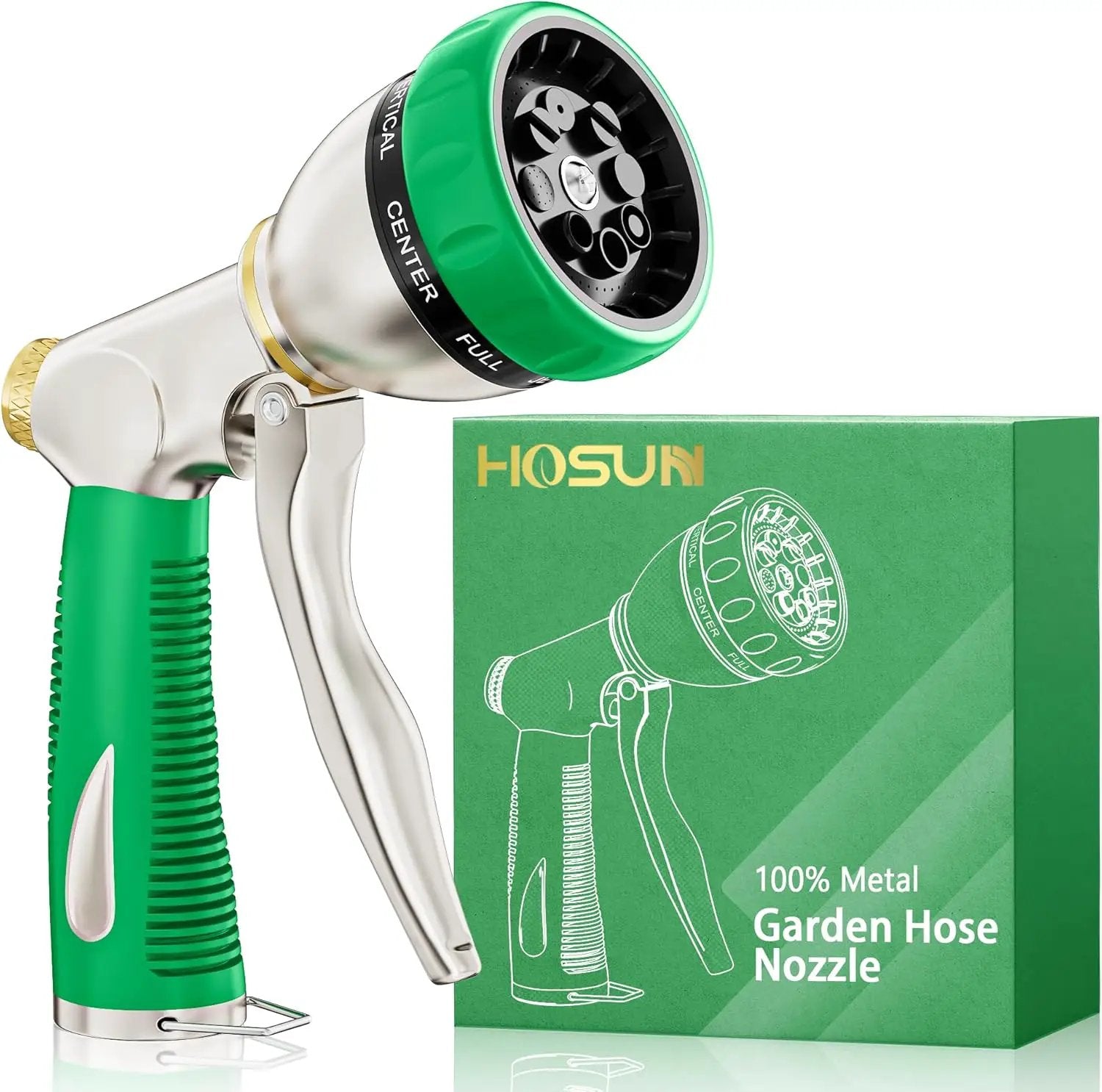 HOSUN Garden Hose Nozzle Sprayer Heavy Duty, 100% Metal Water Hose Nozzle with 8 Spray Patterns, High Pressure Hose Spray Nozzle with Non-Slip Grip for Watering Plant & Lawn, Washing Car & Pet, Green by GreenHaven Gardens