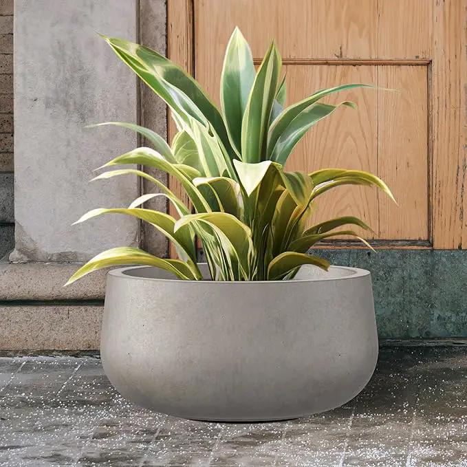 Kante 19.6" Dia Round Concrete Planter, Cement Plant Pots with Drainage Hole and Rubber Plug for Outdoor Indoor Garden Home, Modern Curvaceous Design, Weathered Concrete by GreenHaven Gardens